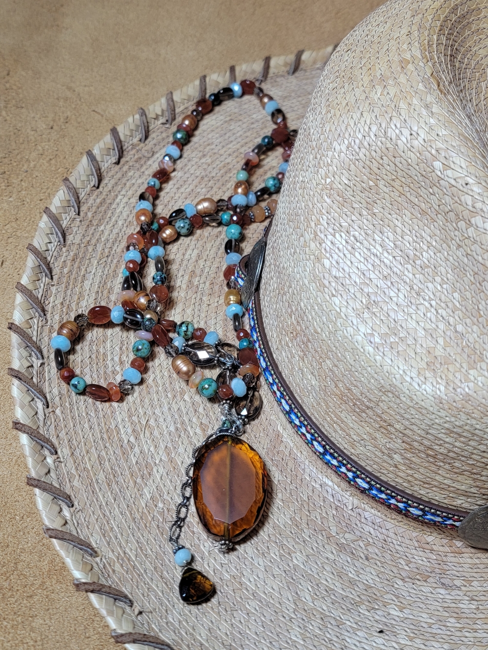 Artisian Crystal Beads & Amber Pendant Necklace